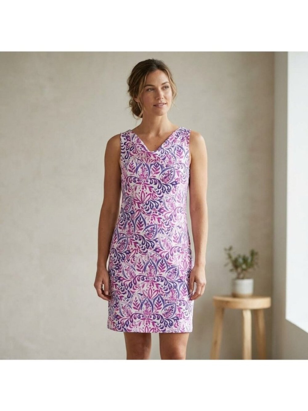 Title Nine Breeze Dress Womens Medium Purple Floral Cowl Neck Sleeveless Pockets